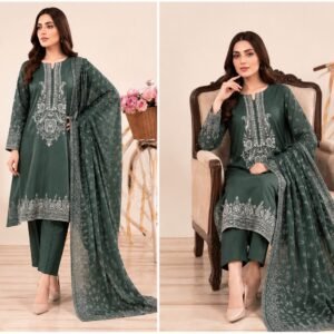 Premium Dark Green Embroidered Lawn 3 Piece Unstitched Suit