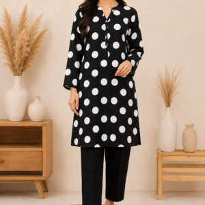 Black & White Polka Dot Linen 2 Piece Unstitched Suit