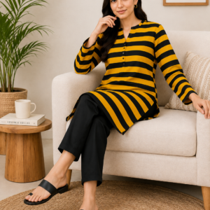 Mustard Yellow & Black Striped 2 Piece Unstitched Suit